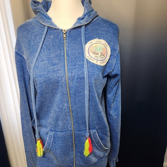 Blue zip up hoodie with hot pink and yellow tassels - Picture 2 of 6